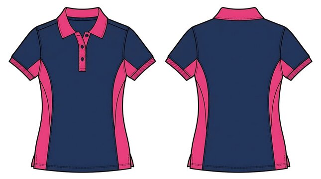 Women's Short Sleeve Polo Shirt Technical Flat Sketch Vector Template, Navy Blue and Pink Contrast Color Block Design, Front and Back View Fashion CAD Apparel Illustration Isolated on White