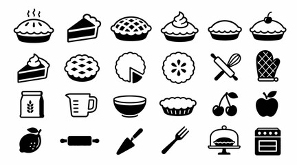 Black and white pie and baking icons set.