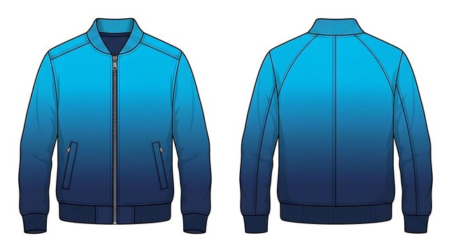 Blue Gradient Bomber Jacket Technical Vector Illustration Front and Back View, Fashion Flat Sketch for Streetwear Apparel Design, Outerwear Mockup Template Isolated on White Background
