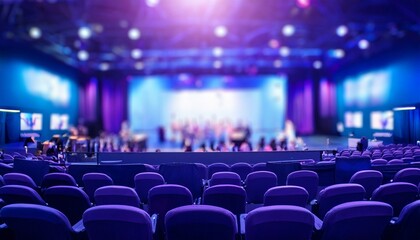 Naklejka premium blurred conference hall stage lighting purple blue mood modern event space