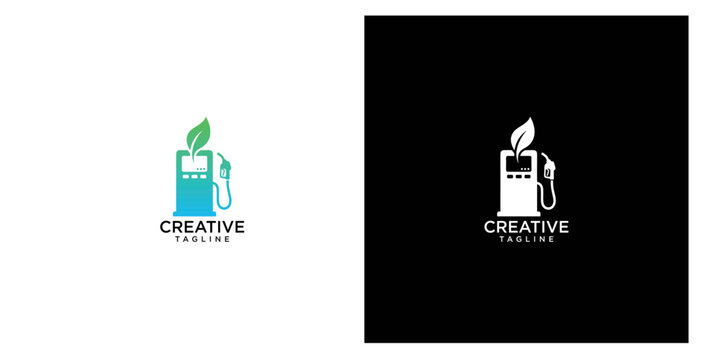 Eco friendly fuel pump station logo concept with green leaf for sustainable energy and green business