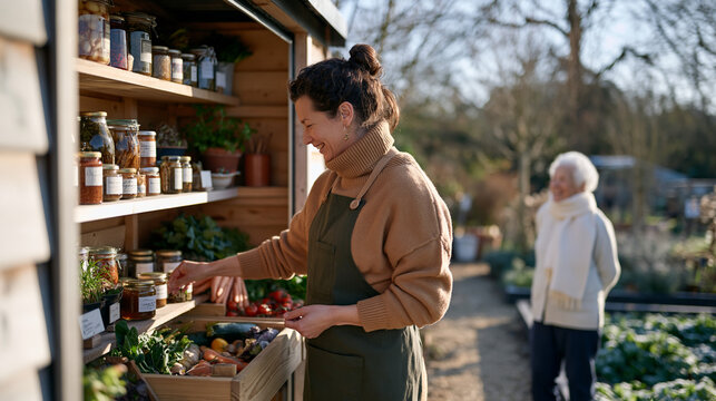 An organizing consultant arranges a client's outdoor winter shed with hyperlocal seasonal produce and preserved goods, an elderly woman client watching from a garden path