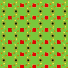 Seamless abstract geometric pattern with red squares and yellow stars on green background for print designs