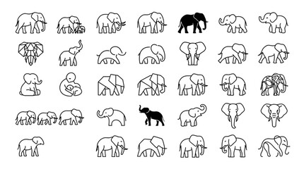 Obraz premium Collection of minimalist elephant line art icons.