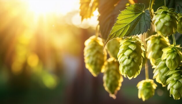 close up of hanging hops on a vine with sunlit background