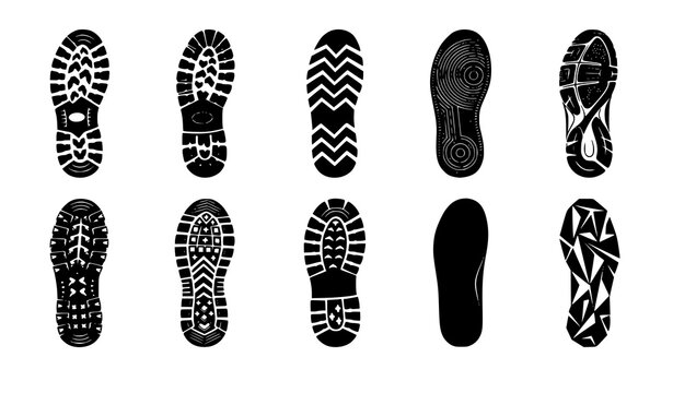 Boot Sole Tread Footprint and Shoe Imprint Black Silhouette Vector Collection