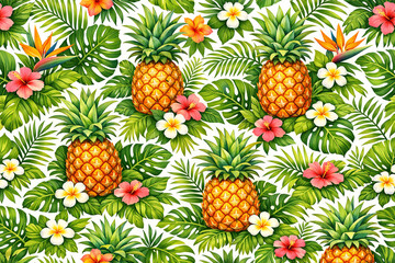 Fototapeta premium Tropical Pineapple Palm Tree Island Pattern