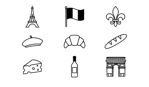 France national symbols minimalist outline vector icon collection