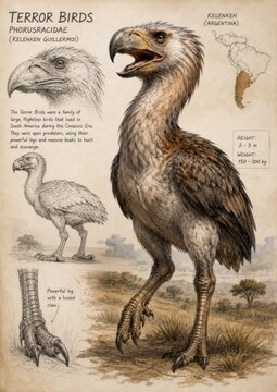 Terror Birds Kelenken Guillermoi Vintage Scientific Plate, Phorusrhacidae Flightless Apex Predator of Patagonia Argentina with Anatomy Sketches and Map, Watercolor Illustration, Vertical
