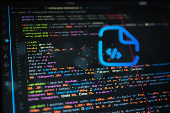 Software development concept with glowing code file icon over colorful source code, representing programming, web development, coding workflow, frontend engineering and digital technology.