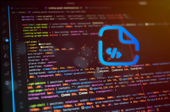 Software development concept with glowing code file icon over colorful source code, representing web programming, coding workflow, frontend development, application engineering and digital technology.