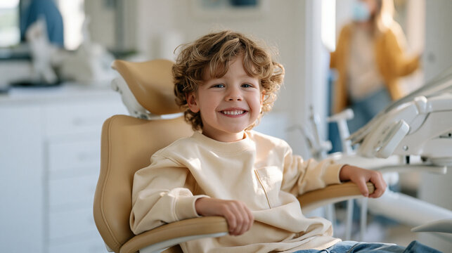 Young child sits in family dentist chair gripping armrests inside modest home converted surgery, parent visible in doorway offering reassurance, child perspective framing small