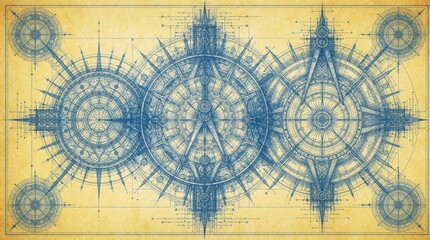 Naklejka premium Detailed architectural blueprint design with compass rose elements. Technical illustration shows complex geometric patterns and structural planning with precision drafting tools and lines.