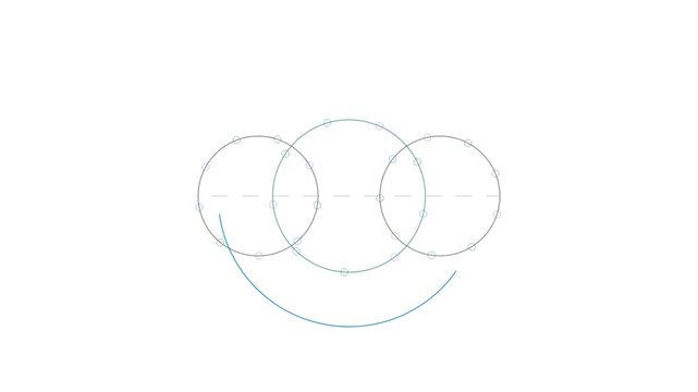 Geometric construction steps showing interlocking circles and a curved arc layout on white background