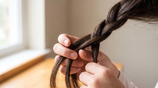 Woman's hands braiding dark brown hair, a close-up view of the intricate plaiting process, creating a classic hairstyle, perfect for beauty and hair care content.