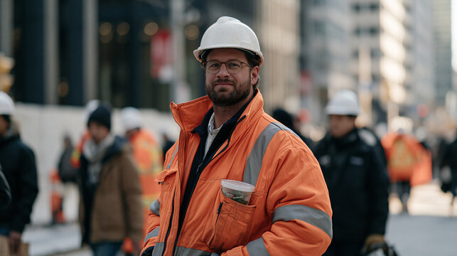 A structural steel erection crew member is seen from over the shoulder of a passerby in a December city crowd, his plant based meal prep container visible in a high vis jacket