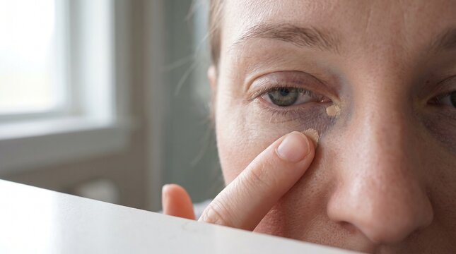 Woman's tired eye with dark circles, applying under-eye cream, a close-up of a fatigued face, skincare routine for puffiness and wrinkles, beauty and health concept