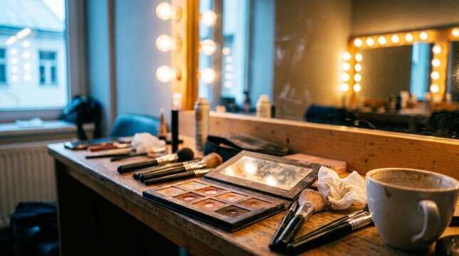 Professional makeup artist's vanity table, filled with brushes, eyeshadow palettes, and cosmetics, in a backstage dressing room with illuminated mirrors, for beauty and fashion content