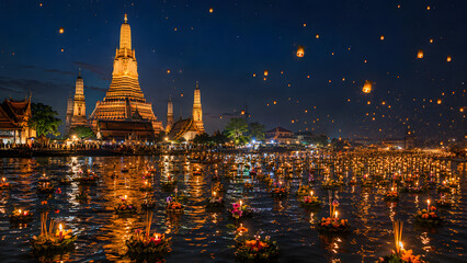 Obraz premium Loy Krathong Festival at Thai Riverside Temple with Floating Candles and Sky Lanterns