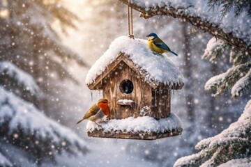 Naklejka premium Snowy birdhouse with colorful birds.