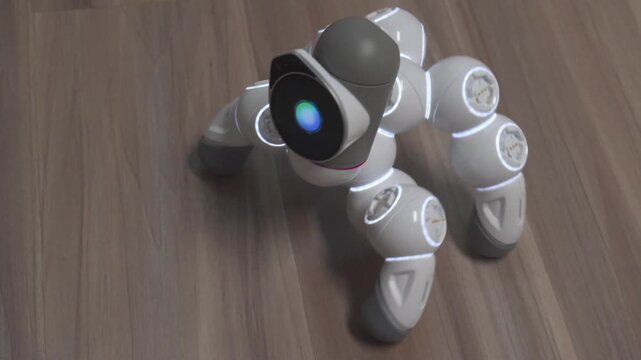 A one-eyed, four-legged robot (Klikbot) with a glowing LED light crawls across the wooden floor with flexible movements.