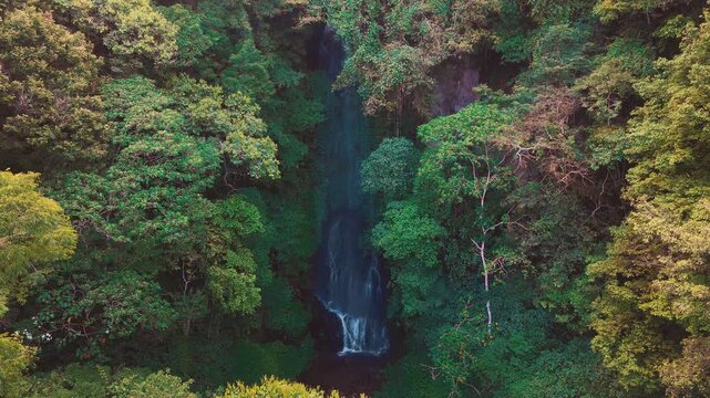 Aerial drone view of Coban Kaca waterfall flowing through dense tropical forest in Malang, East Java, Indonesia. The narrow waterfall cascades between lush green trees. 