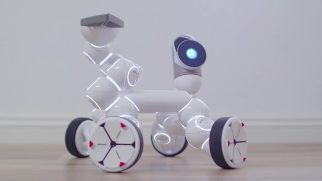 A futuristic white modular robot featuring brightly lit LED accents. It has a flexible body structure with four wheels, as well as a "head" and arms capable of dynamic movement.