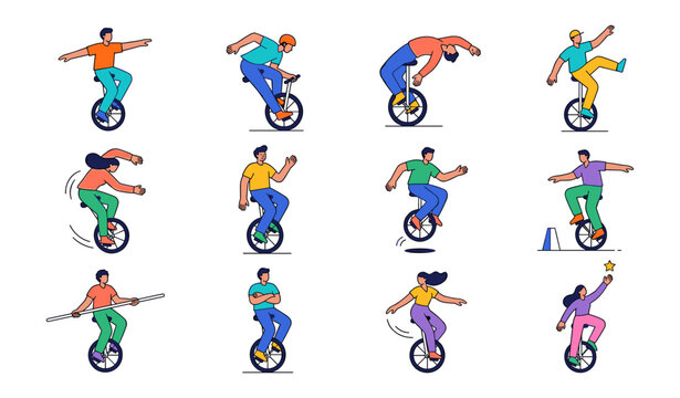 Unicycle riders vector icons set featuring cartoon characters performing extreme balance tricks juggling acrobatics and circus sports skills on single wheels