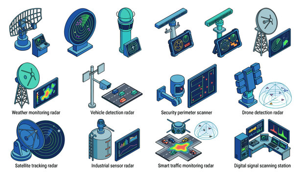 Global monitoring network technology collection featuring isometric satellite dish tracking antenna air traffic control dashboard security camera sensors and digital telecommunications