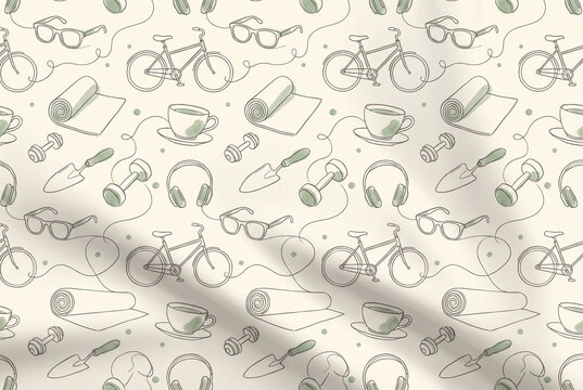 Seamless fitness pattern with bicycle yoga gear and wellness doodles