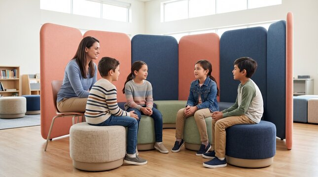 Students talk in a calm acoustic learning zone