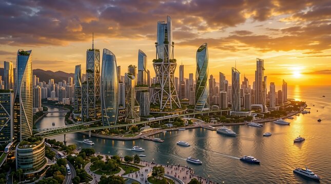 Panoramic view of a futuristic eco city with modern skyscrapers and green trees at sunset over water