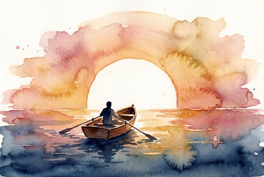 Watercolor Skiff on Calm Water at Sunrise with Solitary Rower