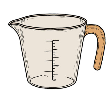 Hand Drawn Measuring Cup with Wooden Handle Isolated on White Background.Hand drawn illustration of a classic measuring cup with a pouring spout, measurement markings and a warm wooden handle, isolate