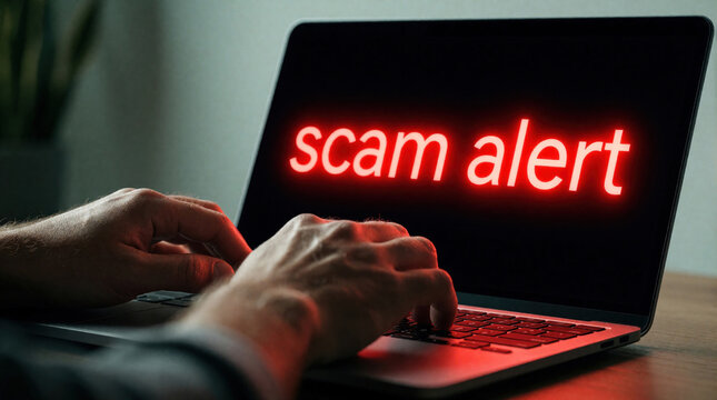 Person types on laptop showing red neon scam alert text. Online danger, cyber threat, fraud warning on computer screen. Digital risk and security.