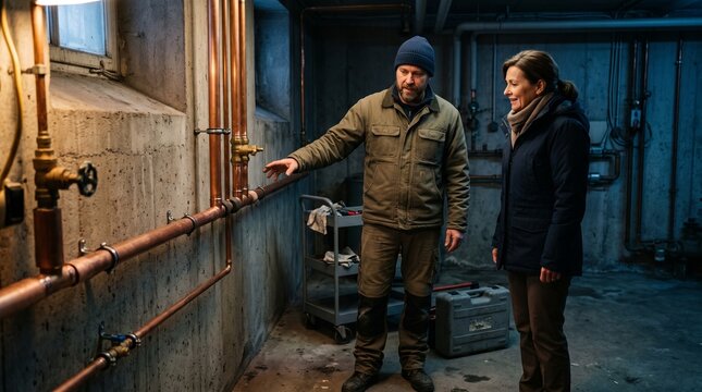 Property manager reviews completed winter pipe repair