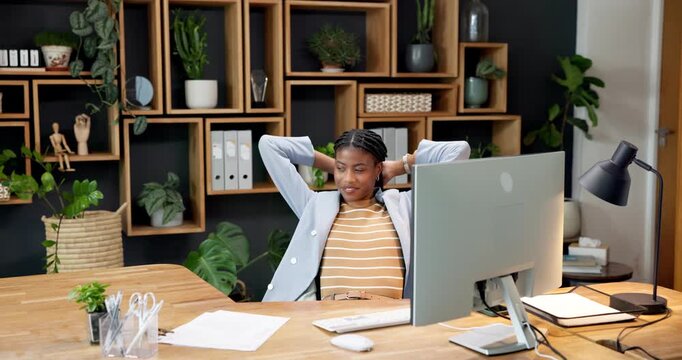 Office, computer and happy woman relax with stretching, project and article submission by copywriter. Black person, smile and rest in workplace with desktop, complete copywriting task and send email.