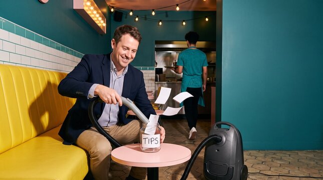 Manager vacuums tips from a restaurant jar