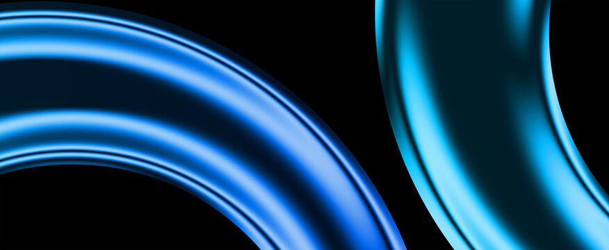 Abstract 3D blue glossy curved tubes with glowing light reflection on black background futuristic render, iridescent glass shape, 3d render, abstract glass waves, blue light reflections