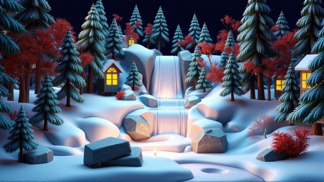 Winter landscape features snowy hills, waterfall, cozy cabins. Illuminated windows suggest warmth amid cold environment. Stylized, lowpoly aesthetic.