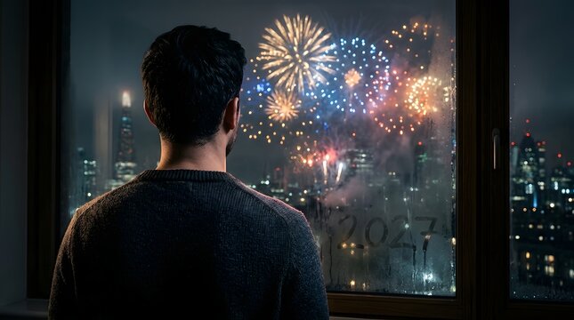 Man looking at colorful New Year fireworks exploding over the city skyline at night.