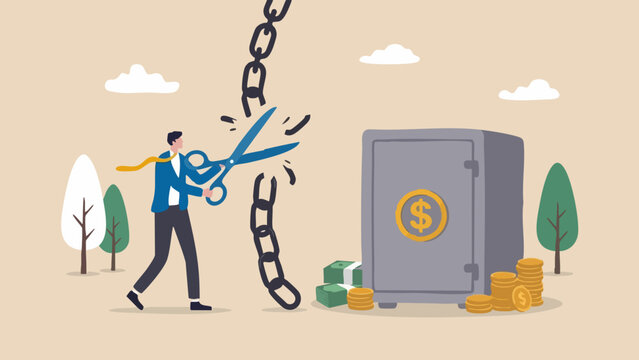 Businessman using large scissors to cut a heavy metal chain near a safe filled with money, financial freedom and breaking business strategy concept