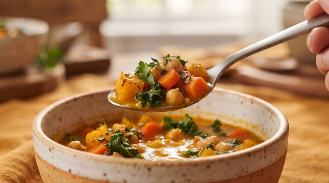 Close spoonful of colorful harvest vegetable soup