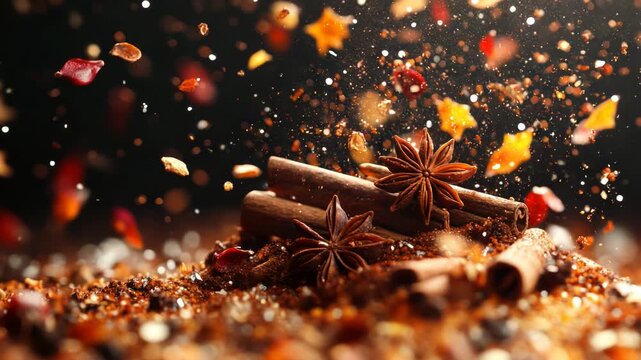 Aromatic spices and herbs with anise, cinnamon, and falling particles in a dark, blurred image