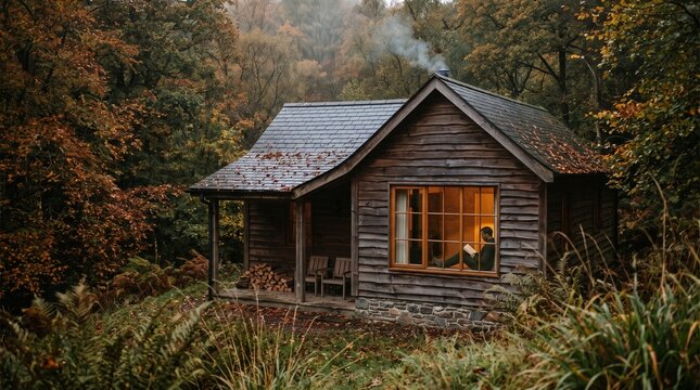 A quiet autumn cabin frames a reader in the woods