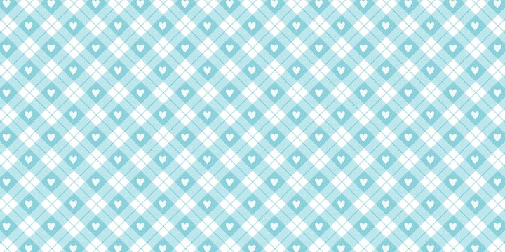Light blue plaid pattern background with cute white hearts. Soft gingham diagonal check texture for love and baby backdrop.