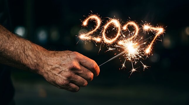 Hand holding a bright sparkler creating a glowing 2027 light painting at night.