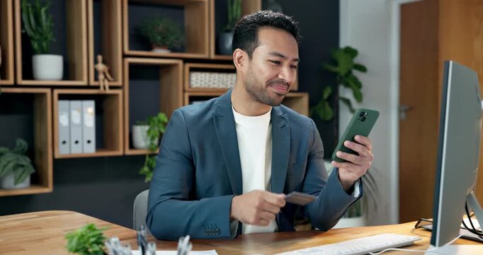 Credit card, phone and man in office for payment, financial investment and internet banking. Mobile, typing and happy person with debit for business expense, online shopping and fintech budget