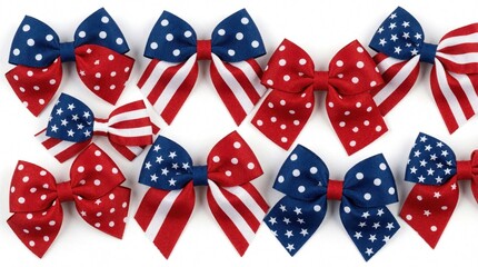 Fototapeta premium Collection of patriotic bows in red white, blue colors with stars stripes, polka dots patterns. Festive hair accessories for holidays like Fourth of July Memorial Day celebrations. Decorative ribbons