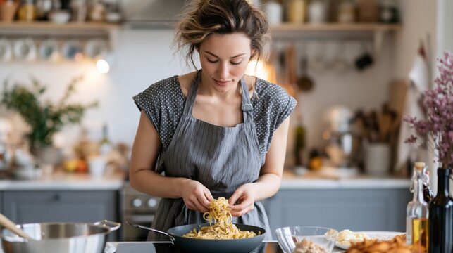 Una mujer joven cocinando un plato de espaguetti en una cocina moderna